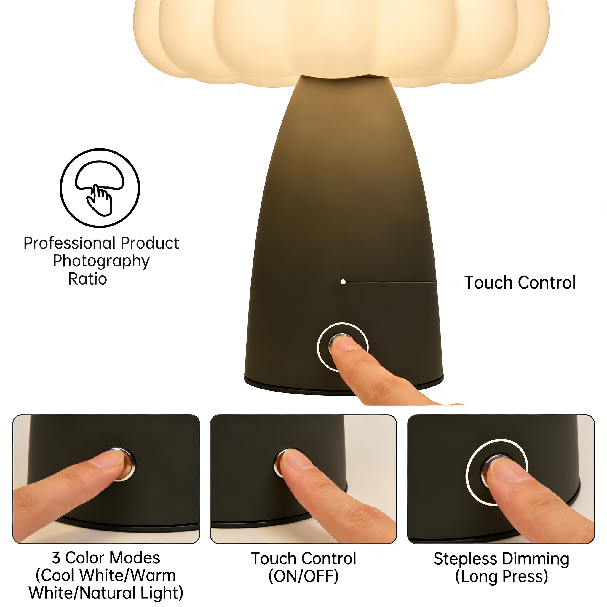 Cute Mushroom Bedside Lamp, Touch Control, Three-Color Dimming, USB Rechargeable Night Light, 1800mAh Large Battery, Suitable for Bedroom, Living Room, and Hallway Decoration