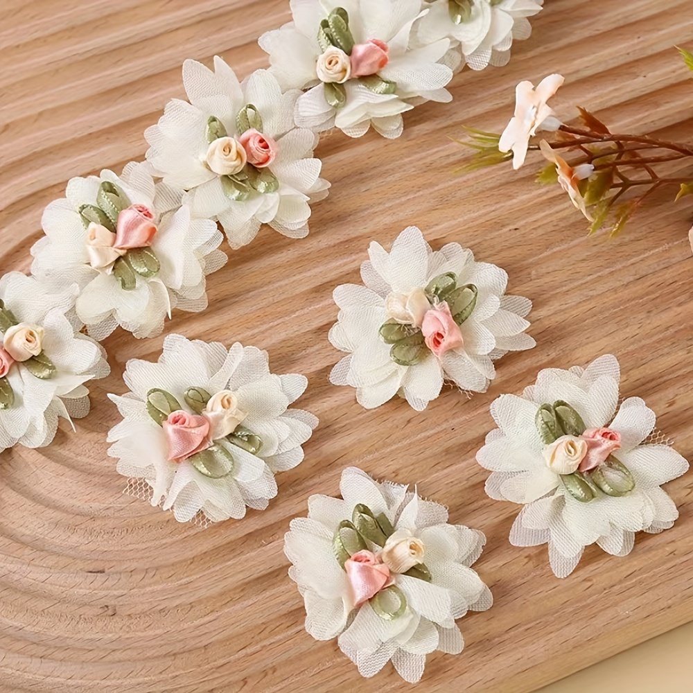 E-shop 25 Stück Vintage Weiße Spitzenband 3D Chiffon Blumenbesatz Stoff für Nähen Bastelprojekte - Beige Farbe