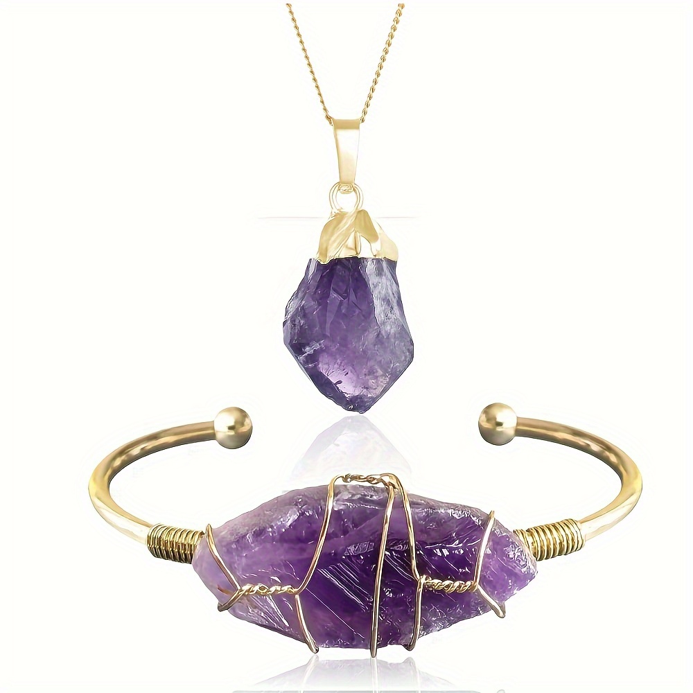 

2-piece Amethyst Gemstone Jewelry Set - Handcrafted Adjustable Cuff Bracelet & Pendant Necklace, Irregular Natural Stone Design For Men And Women