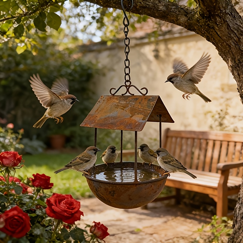 TEMU 1pc Rust-colored Hanging Bird Feeder, Wildlife Water And Food Feeder, Courtyard Home Hanging Ornament, Wrought Iron Decoration, Outdoor - An
