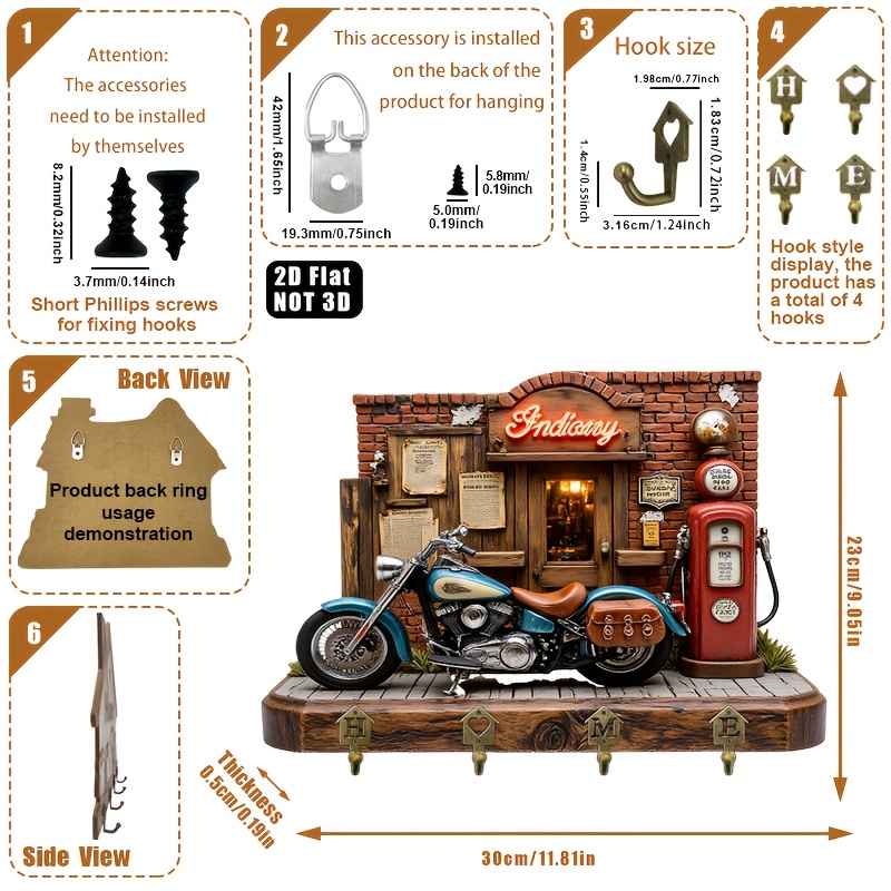 E-shop 2D Flat. 1 Stück. Retro Motorrad Schlüsselhaken - Multifunktionaler dekorativer Schlüsselhalter mit vier Metallhaken, Wanddekoration,
