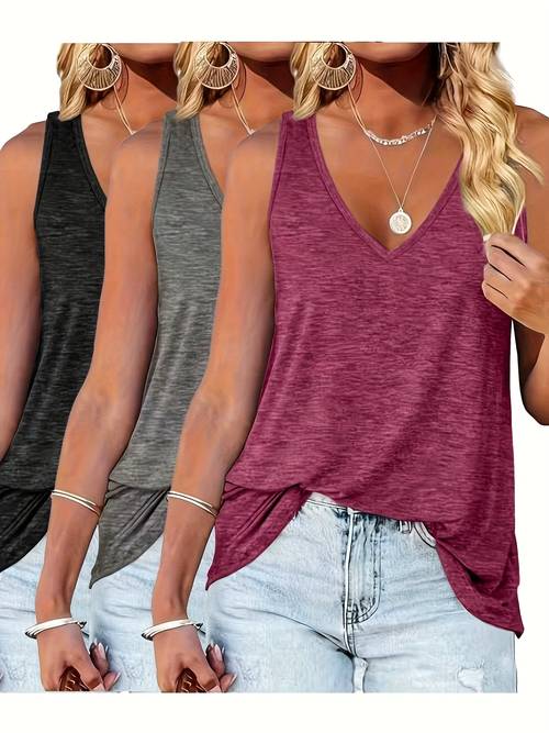 3pcs set womens summer stretch casual loose v neck top and tank