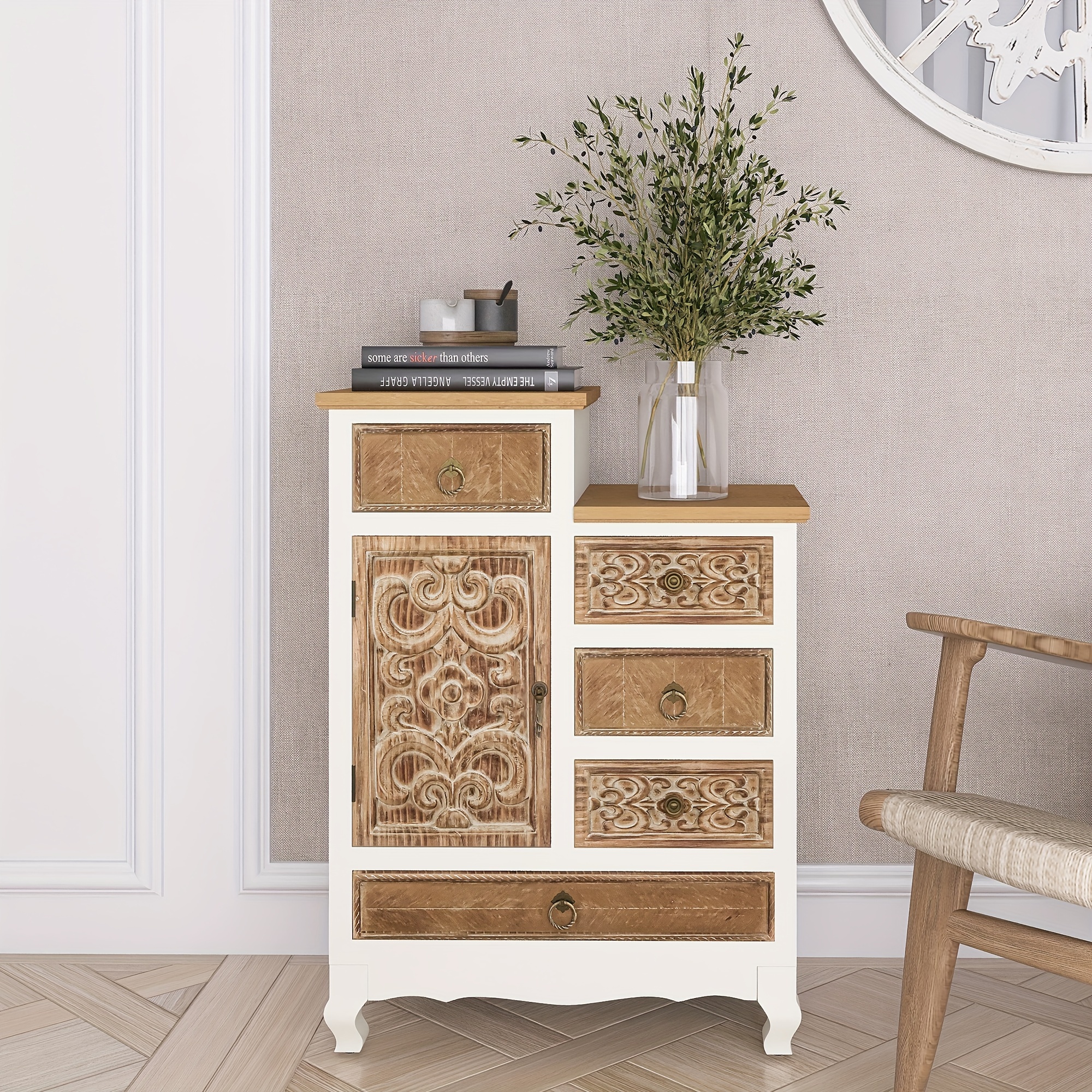 

Wooden Cabinet With 5 Drawers And 1 Door, Retro Accent Storage Cabinet For Entryway, Living Room