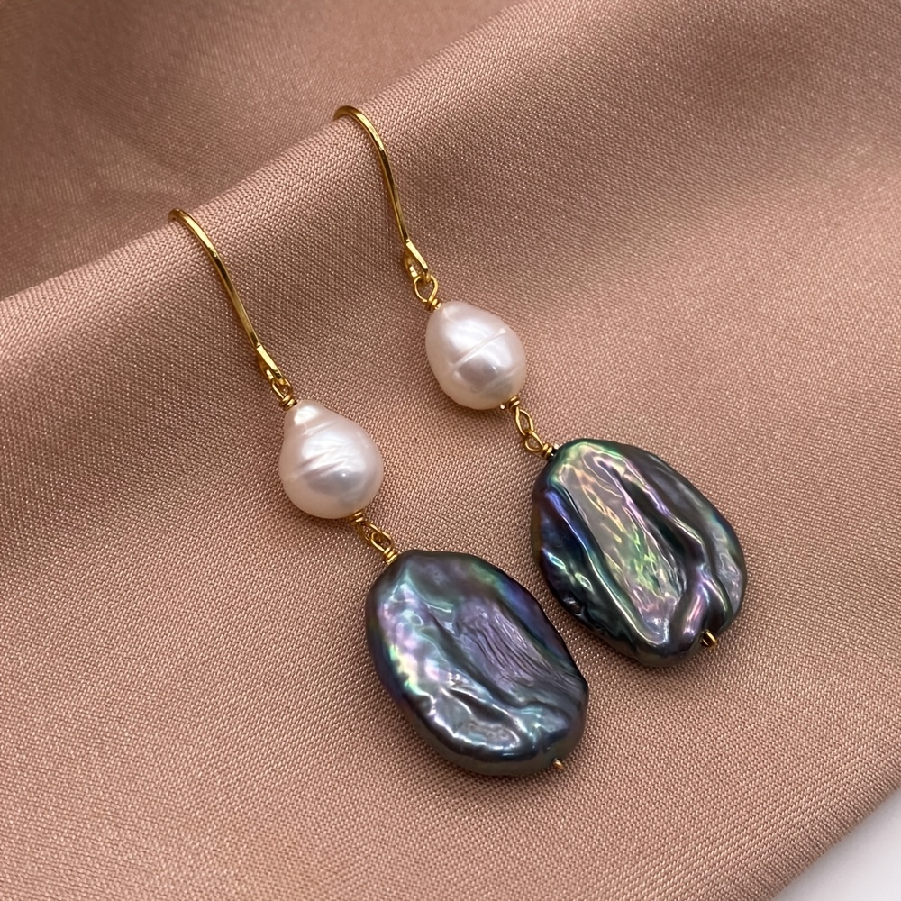 Image of 50mm Long White Teardrop And 14.5mm Black Oval Earrings - Natural Freshwater Baroque Pearls, Handcrafted, Perfect For Daily Wear And Gifts, Everyday Earrings|teardrop Dangle Earrings|gold-tone Hooks