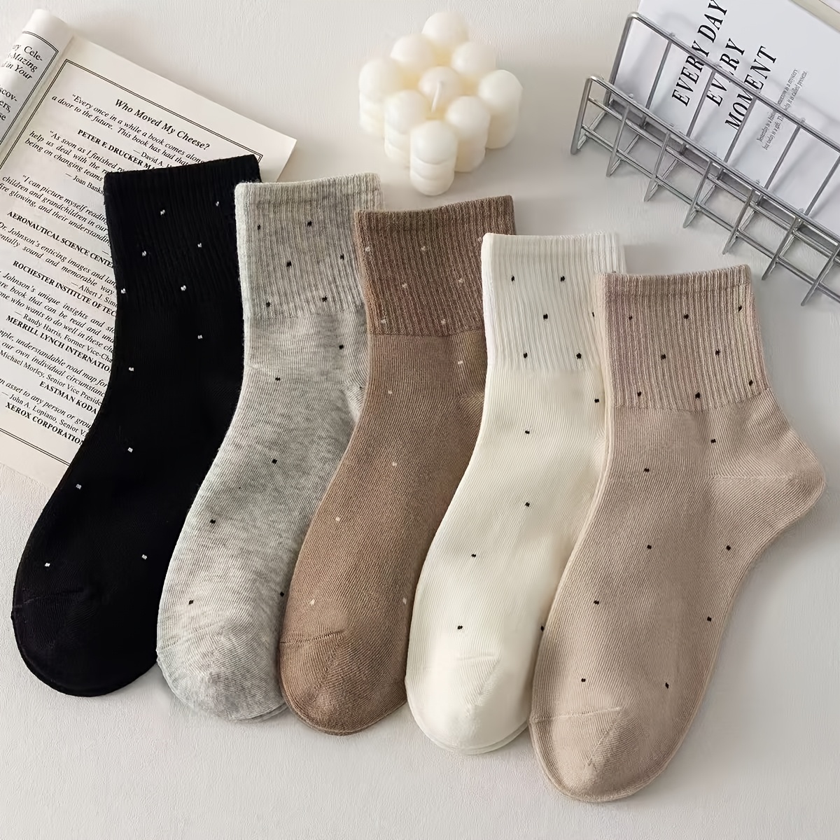 5 Pairs Women's Mid-calf Polka Dot Socks | Solid Color, Coffee-colored, Durable, Fabric, Suitable For