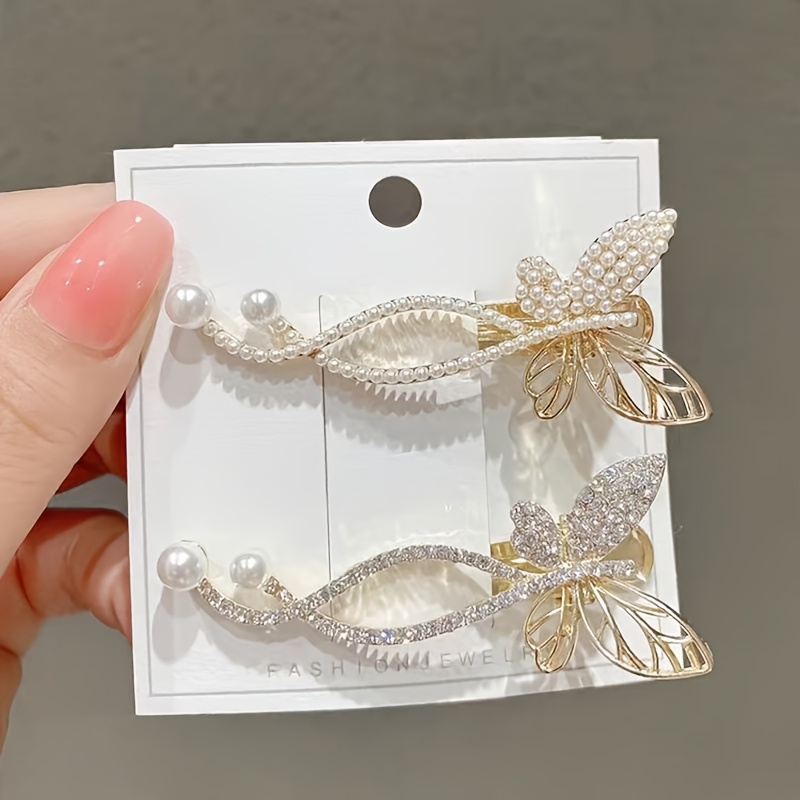 Image of 2pcs Set Of Bag Fashion Pearl Edge Clip Rhinestone Temperament Simple And Elegant Hair Clip Hair Accessory
