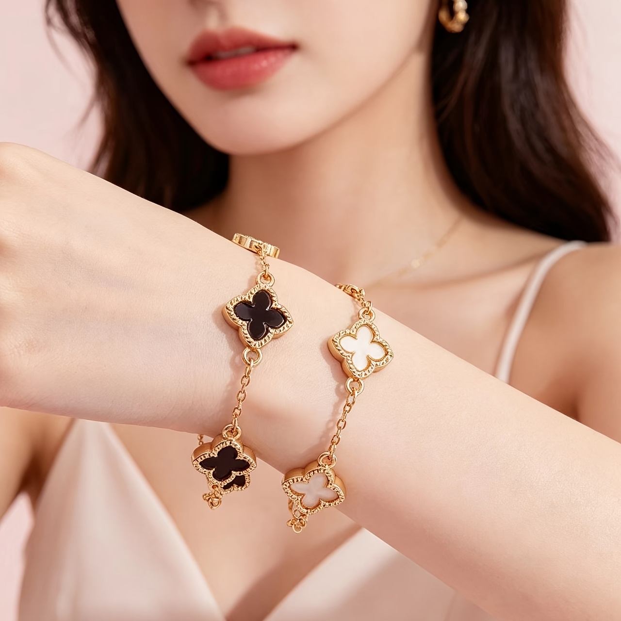 TEMU 2pcs Elegant Acrylic Clover Bracelet Set, Suitable For Women To Wear At Parties