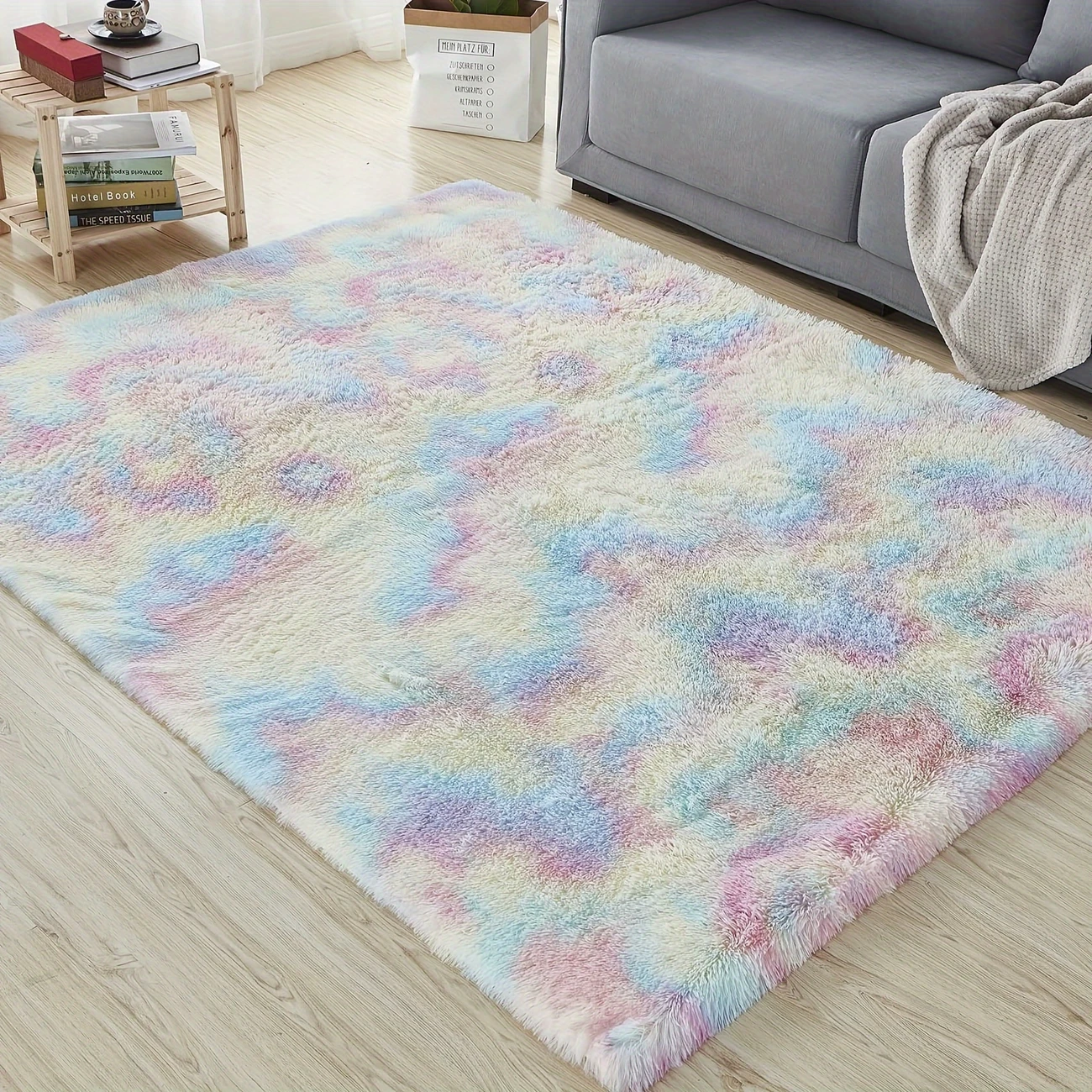 machine washable striped rainbow fluffy area rug high pile rectangle braided weave lightweight polyester indoor carpet for bedroom living room halloween christmas easter decor details 4