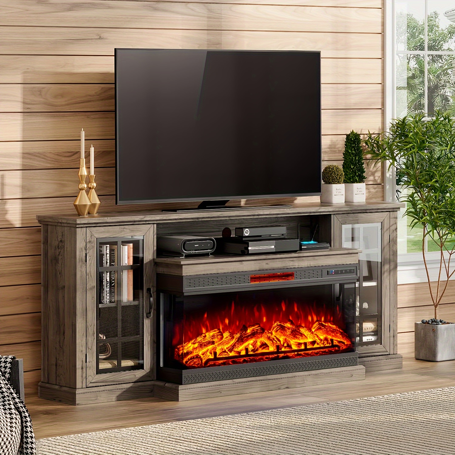 

75in Farmhouse 3-sided Glass Fireplace Tv Stand For Tvs Up To 85
