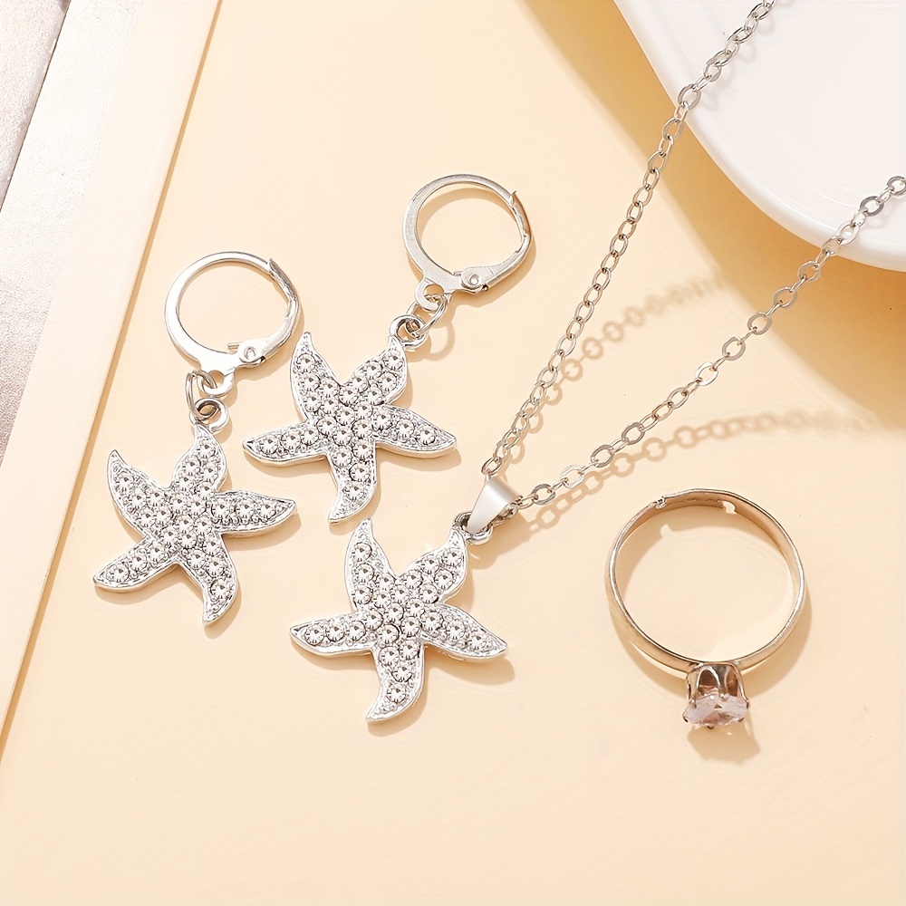 4pc Elegant Starfish Pendant Necklace Earrings Ring Set