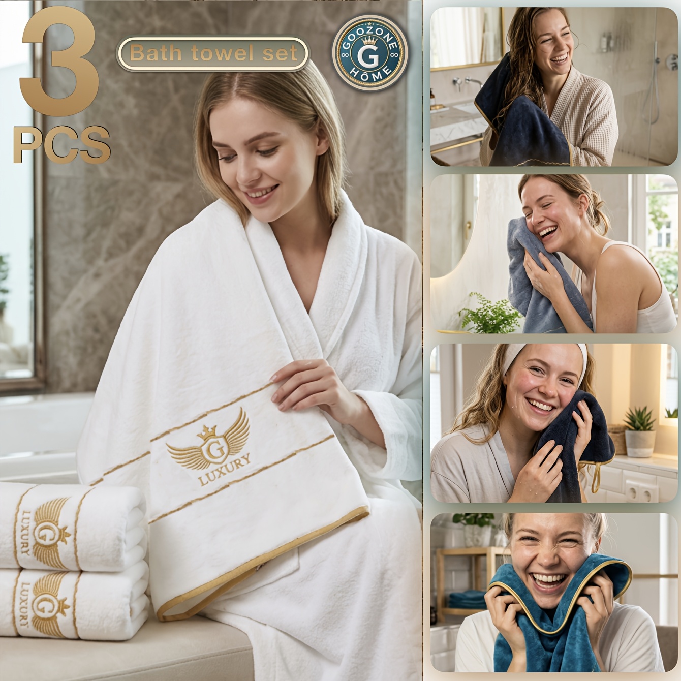 3 vnt. aukštos kokybės prabangus siuvinėtas vonios rankšluosčių rinkinys, apima 3 vnt. 69,85x139,95 cm vonios rankšluosčius, storintas mikropluoštas, greitai džiūstantis, labai sugeriantis, be pūkelių, minkštas ir odai draugiškas, banguotas auksinis siūlų siuvinys, LOGO siuvinys, auksinė apdaila