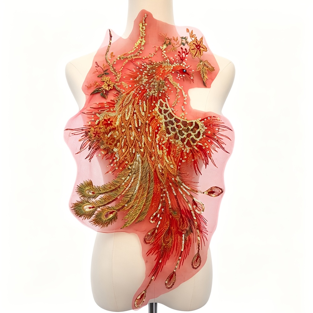 Large Golden Thread Embroidered Phoenix & Peacock Fabric Applique Patch