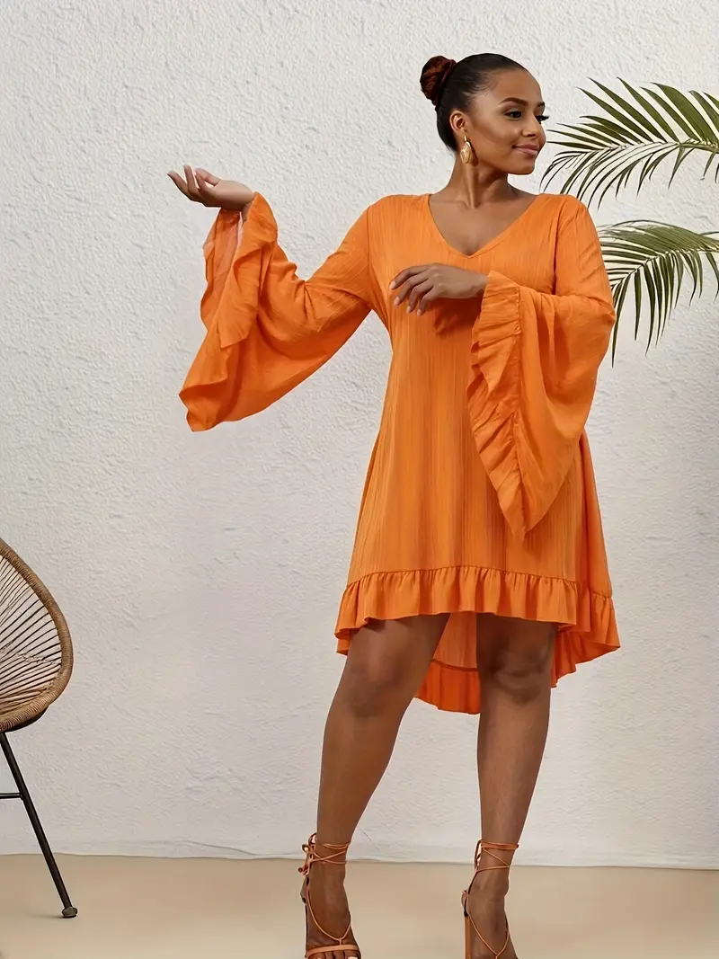 plus size plus size long sleeve flared hem dress ruffle - Temu plus size plus size long sleeve flared hem dress ruffle - Temu