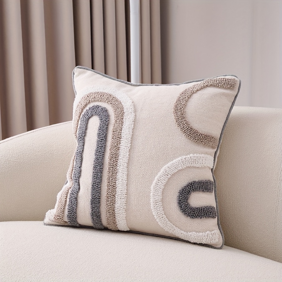 1pc Bohemian Moroccan Geometric Embroidered Decorative Pillow Cover, 45.72x45.72 cm, Zippered Farmhouse Cushion Case, Machine Washable, White with Beige & Gray Patterns for Sofa and Bedroom Decor - No Insert Included, Pillows for Couch