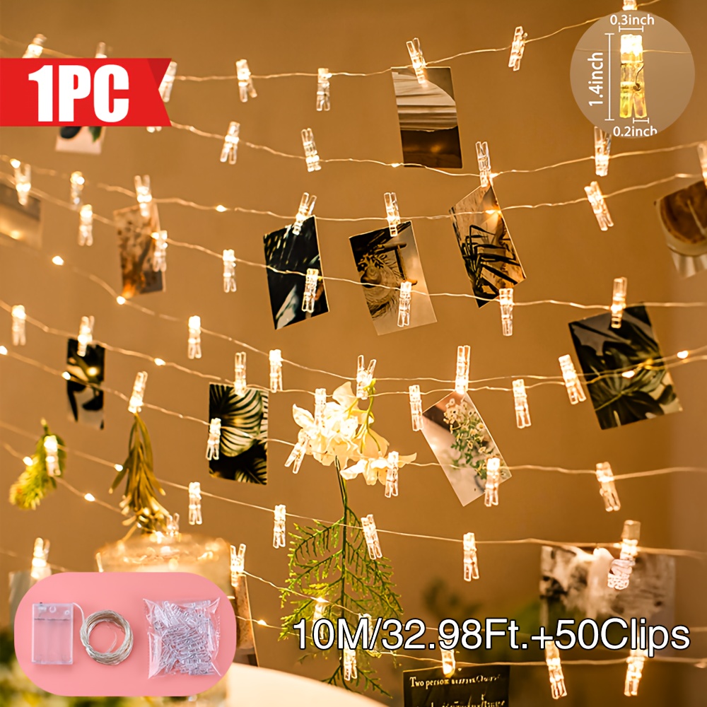 TEMU 1 Pc, Photo String Light, With 50/25/10 Clip String Lights, Warm White Light, Battery Powered, For Cards, Photos, Bedroom, Party, Wedding,