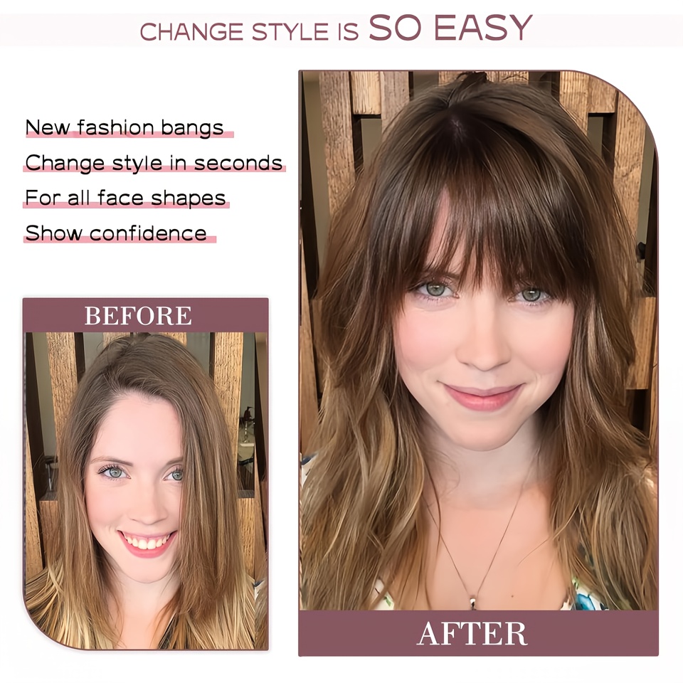 elegant clip in bangs for women natural looking     hair extensions in golden   black light brown high quality heat resistant synthetic fiber with temples for casual attire details 5