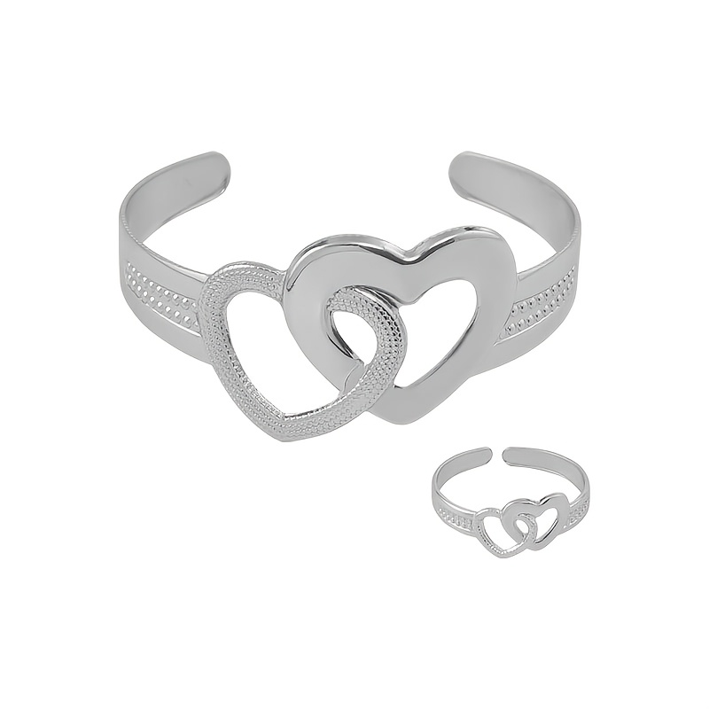 2pcs Bohemian Adjustable Openwork Heart Bangle Bracelet & Ring Set