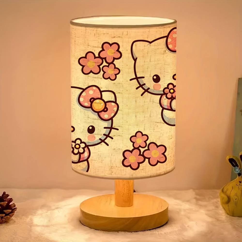 TEMU 1pc Of For Hello Kitty Cartoon Style Warm And Cute Wooden Base Table Lamp, Linen Lampshade, Usb Powered, Suitable For Bedroom, Living Room Decoration, A Great Gift For