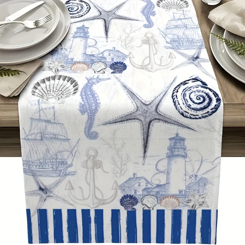 

Ocean Theme Nautical Runner With Marine Life Print - Woven Polyester Table Runner, Rectangular Cover For Indoor & Outdoor Parties, Farmhouse Gatherings & Home Decoration - Durable, Machine Washable