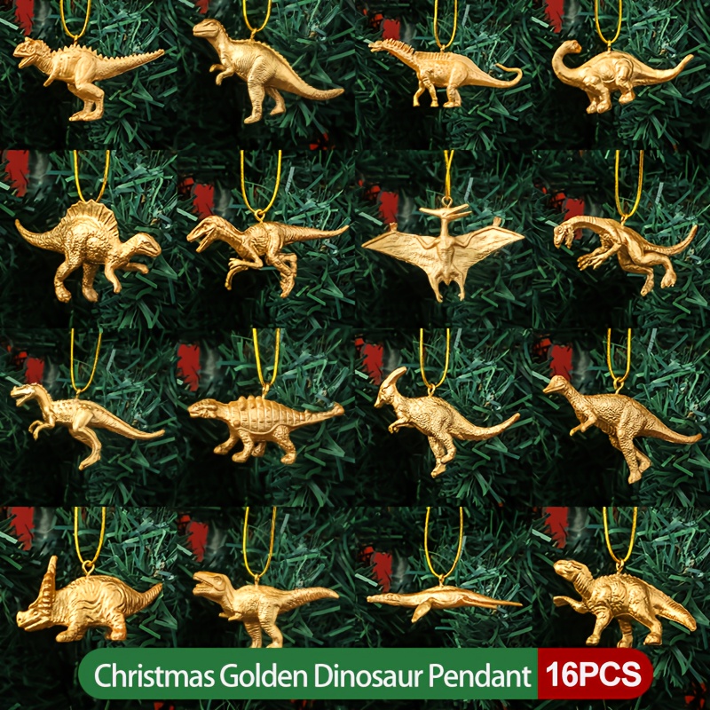 Image of 16 Miniature Golden Dinosaur Shaped Hanging Ornaments; Christmas Tree Hanging Decorations For Party Decoration New Year Home For Party Tree Decoration