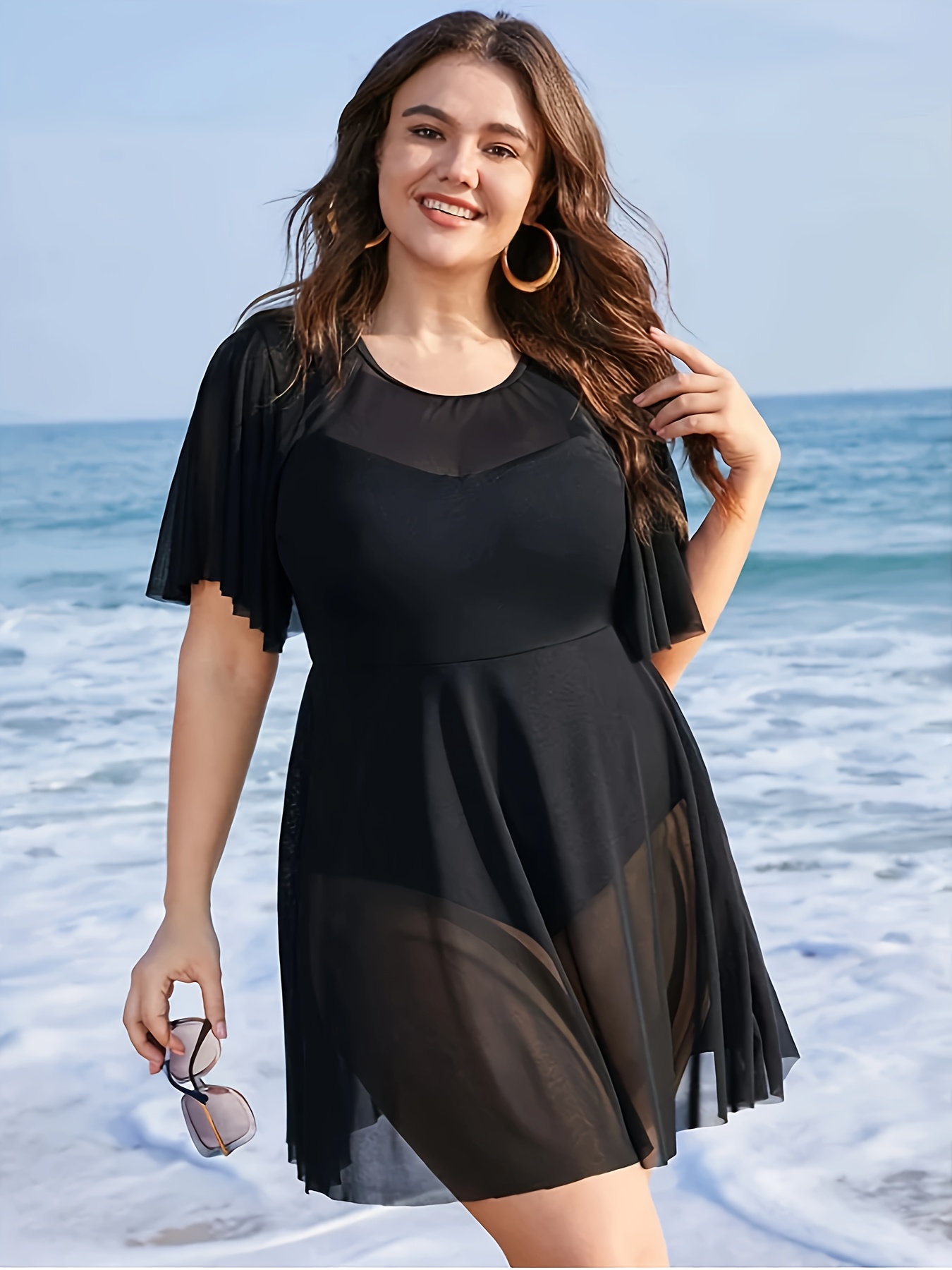 1pc elegant plus   piece swimsuit with sheer mesh paneling round neck high stretch nylon fabric knitted solid color beachwear black 0