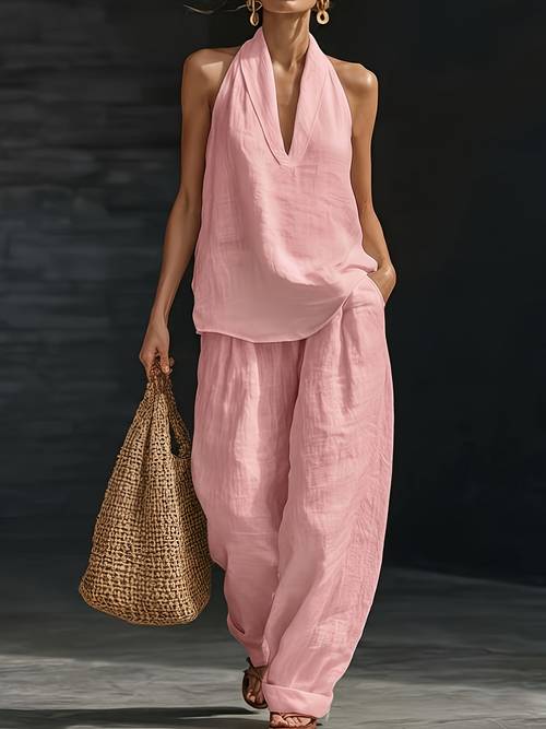 ensemble 2 pièces 2026 vacances et lin, ensemble col nu femme décontracté, haut manches à col , pantalon large, ensemble pièces