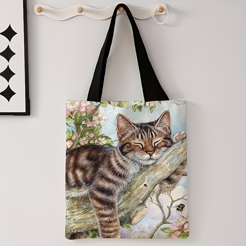 TEMU Brown Cat Branch Printed Handbag, Leisure Travel Beach Bag, Large Capacity Reusable Shoulder Shopping Bag, Leisure Shoulder Bag, Handbag, Canvas Beach Bag, Shopping Bag, Printed Grocery Shoulder Bag