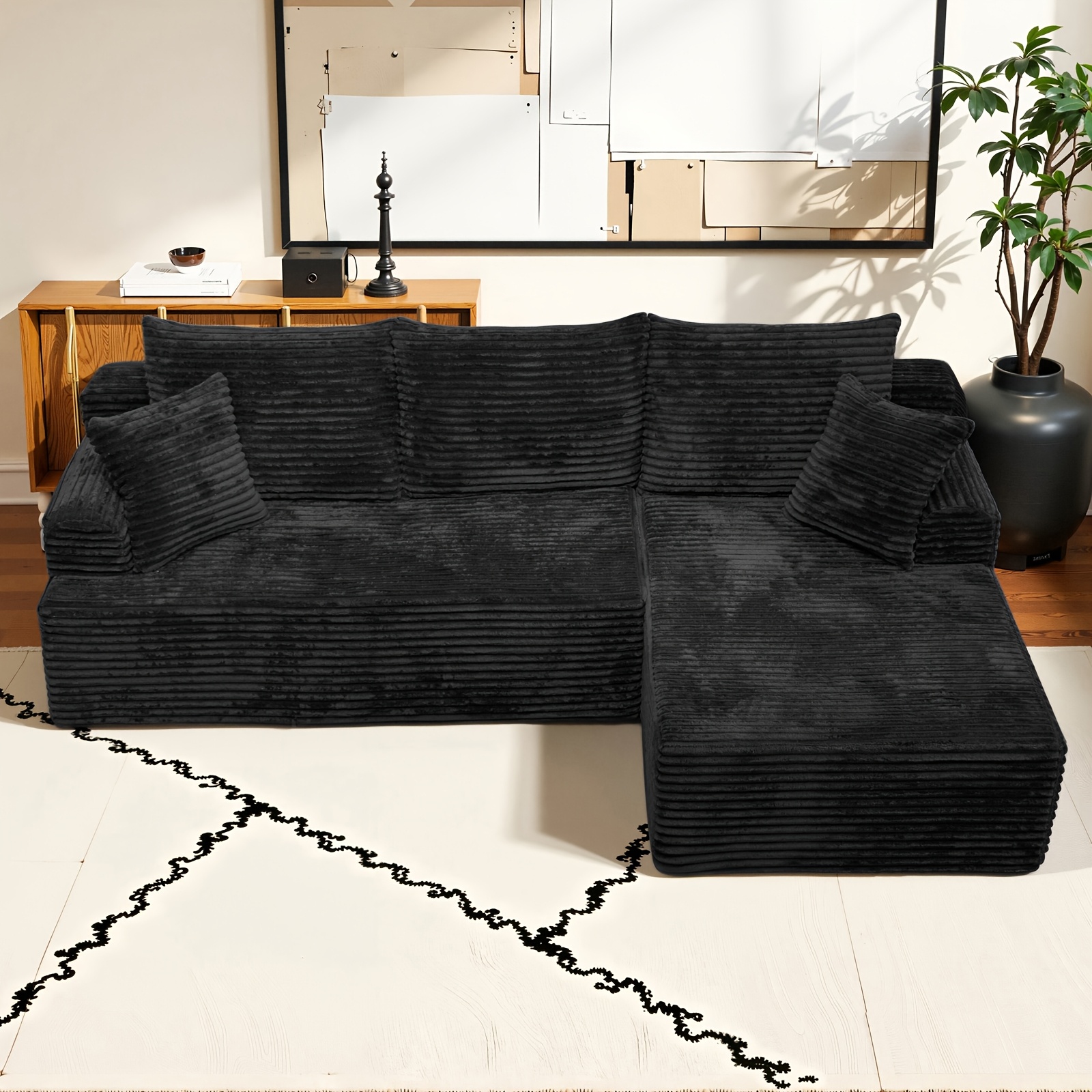 Light Luxury Striped Corduroy L-shaped Sofa, Modular Lazy Living Room Sofa, Frameless Free Combination, Nordic , Lying Experience