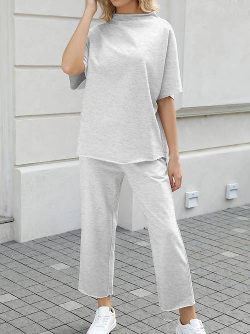 Women S Casual Oversized Solid Color Two-Piece Set, Round Neck Pullover with Wide Leg Pants Outfit