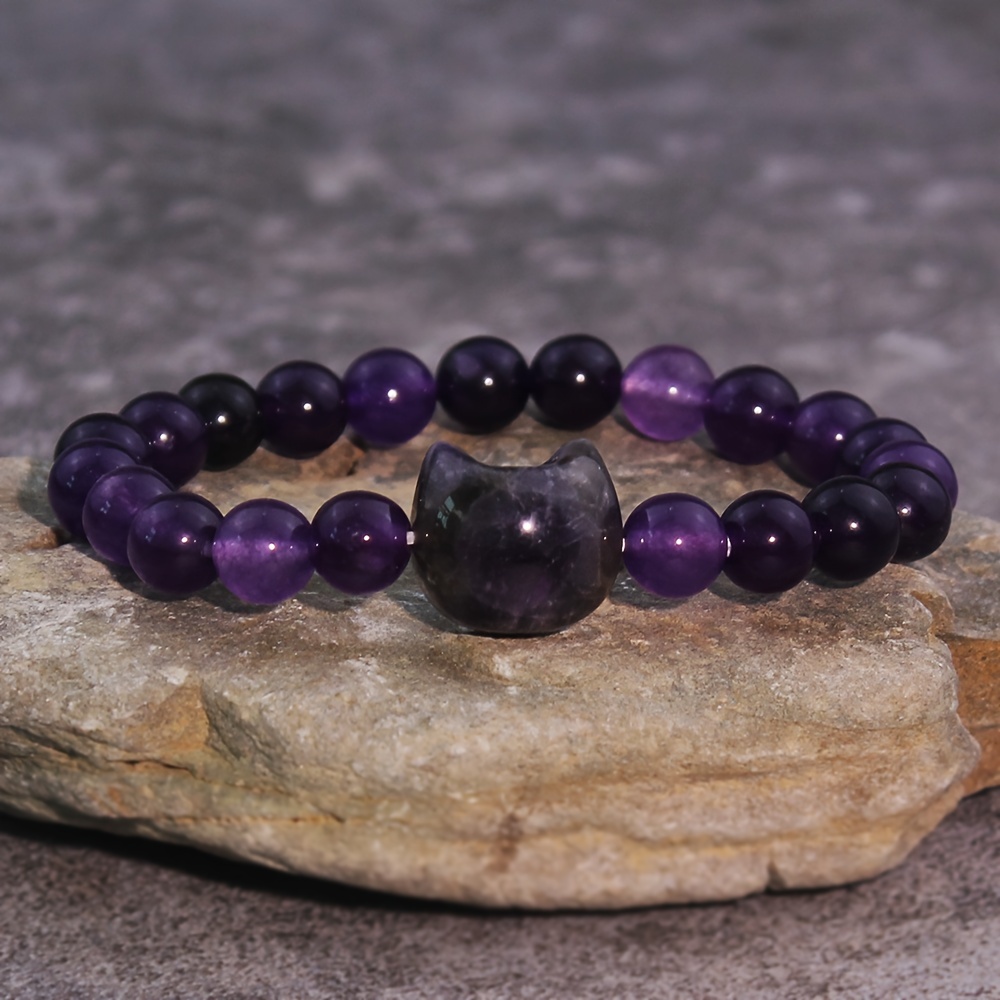Cat-themed Natural Stone Bracelet - 8mm Round Beads In Rose Quartz, Turquoise & Amethyst - Perfect Gift For Cat Lovers, Cat Accessories