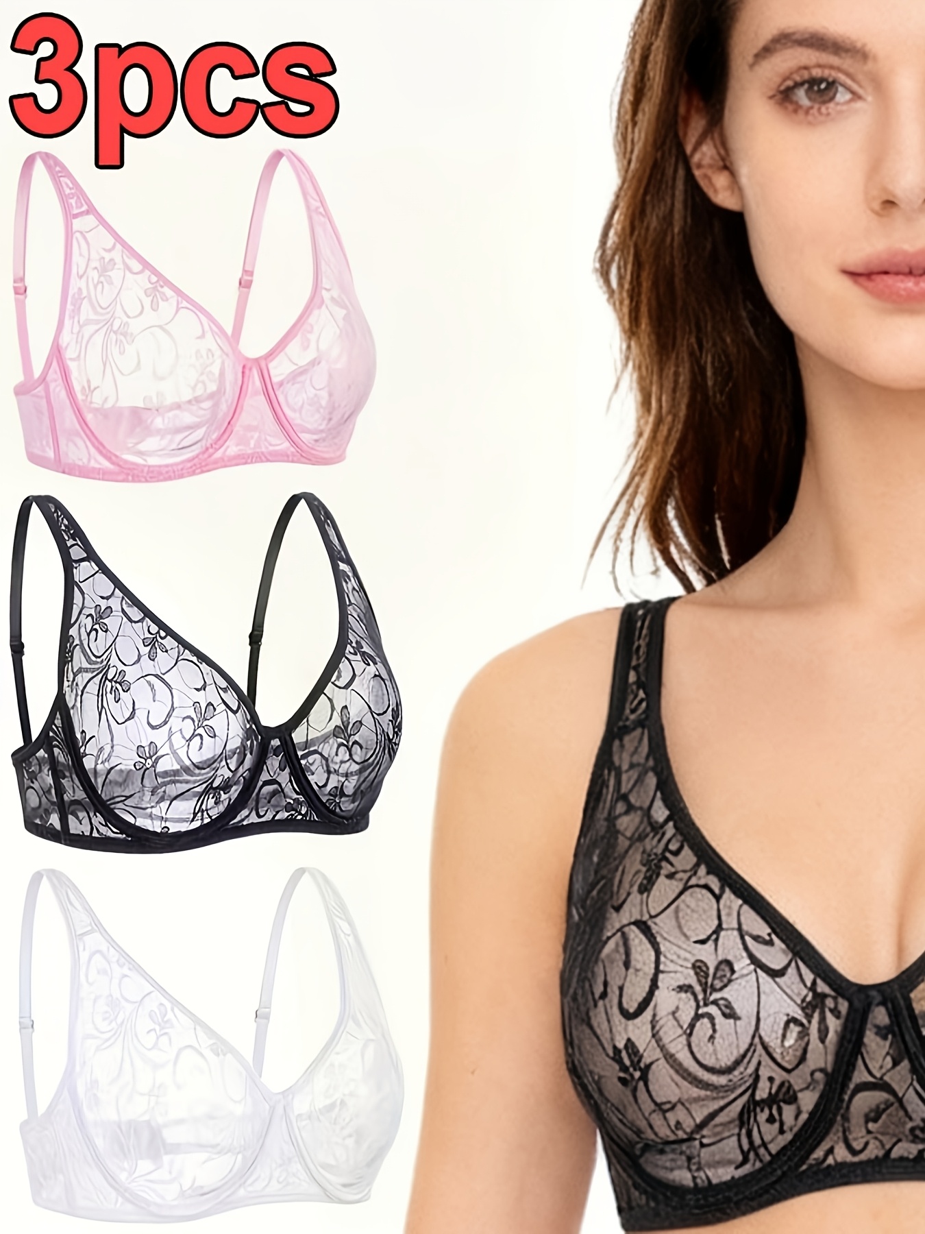 Pak van 3 Dames BH's met Beugel, Kanten BH met Verstelbare Push-Up, Ademend, Zacht en Comfortabel Ondergoed voor Dagelijks Gebruik, Elegant Bloemenborduursel, Rekbaar en Comfortabel Casual Ondergoed in Zwart, Roze, Wit