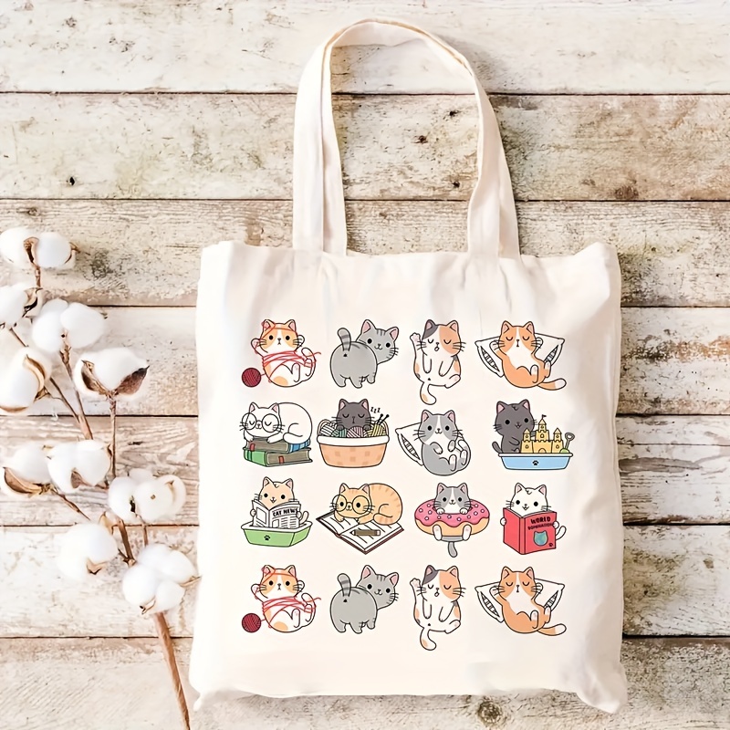 TEMU 1pc, Cute Cat Collage Handbag, Reusable Grocery Shopping Bag, Multifunctional Large Capacity Double-sided Printed Handbag Storage Bag, Personal