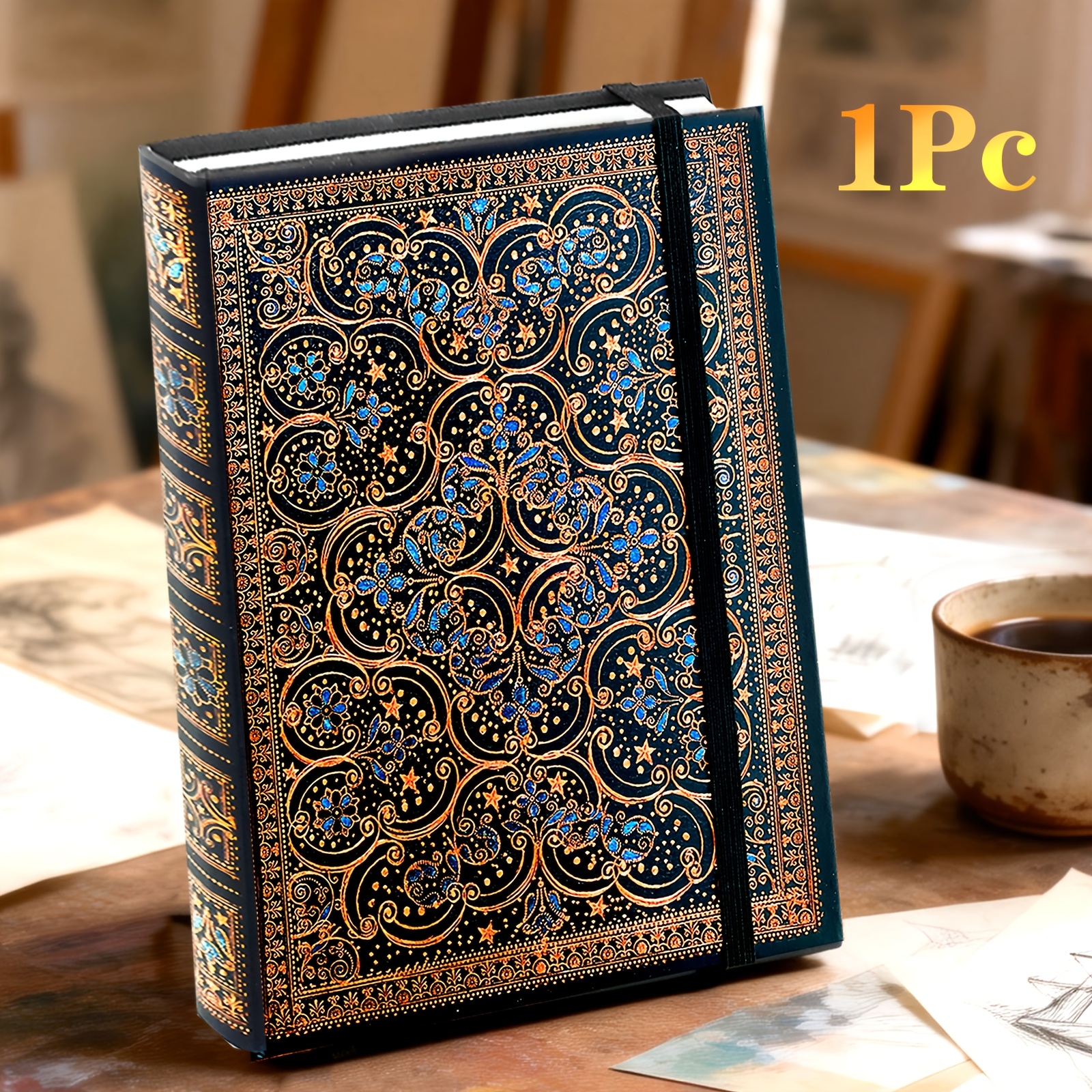 TEMU 1pc, 100 Pages, Sketchbook, Ribbon-bound Hardcover Blank Notebook, Vintage Glitter Foil- Sketchbook, 160gsm, Painting , Art Supplies,