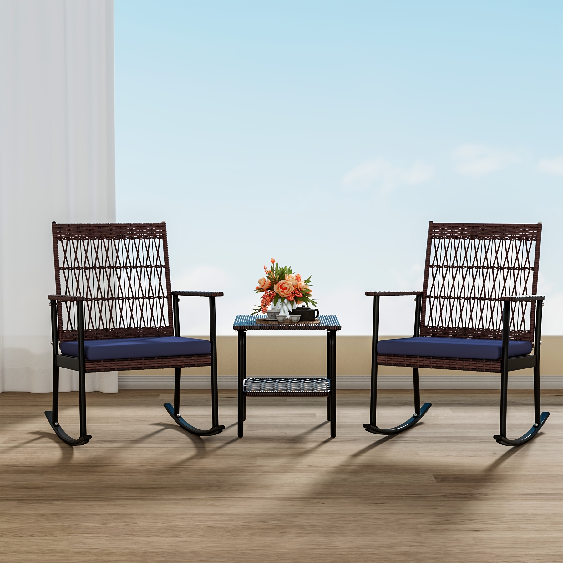 3pcs Outdoor Patio Furniture Set, Outdoor Rocking Chairs Set Of 2, Wicker Furniture With Cushions And Coffee Table For Garden, Balcony, Backyard