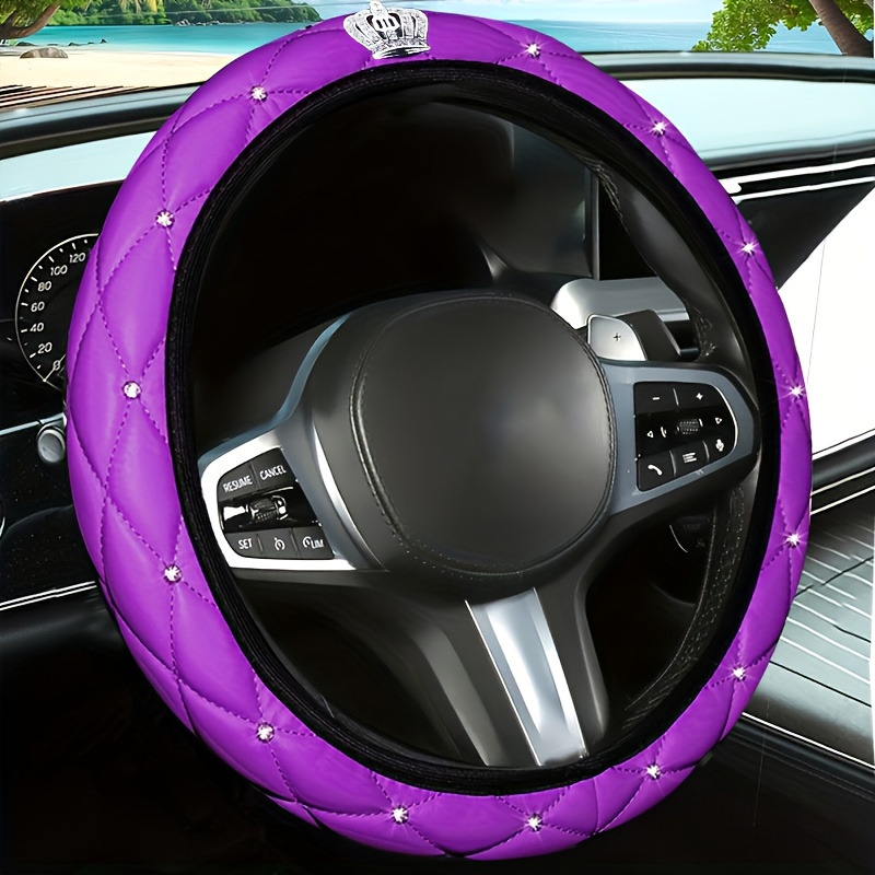 TEMU Housse de volant de voiture couronne en similicuir étincelant de luxe, texture confortable antidérapante , facile à installer toutes