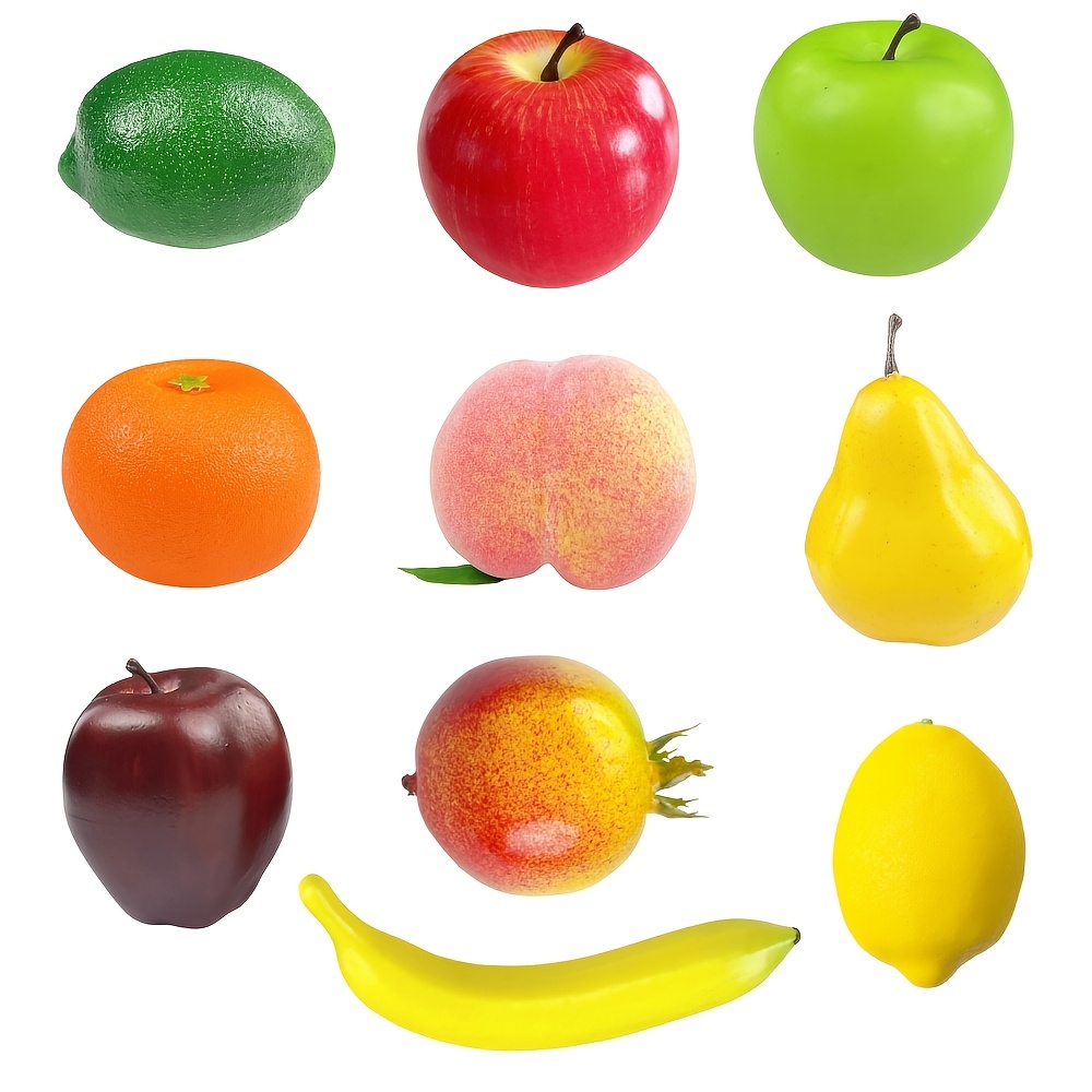 Image of 10pcs Realistic Simulation Fruit And Vegetable Set - Suitable For Home, Kitchen, Wedding, Party, And Christmas Decorations, Including Banana, Peach, Orange, Pear, Pomegranate, , Lemon