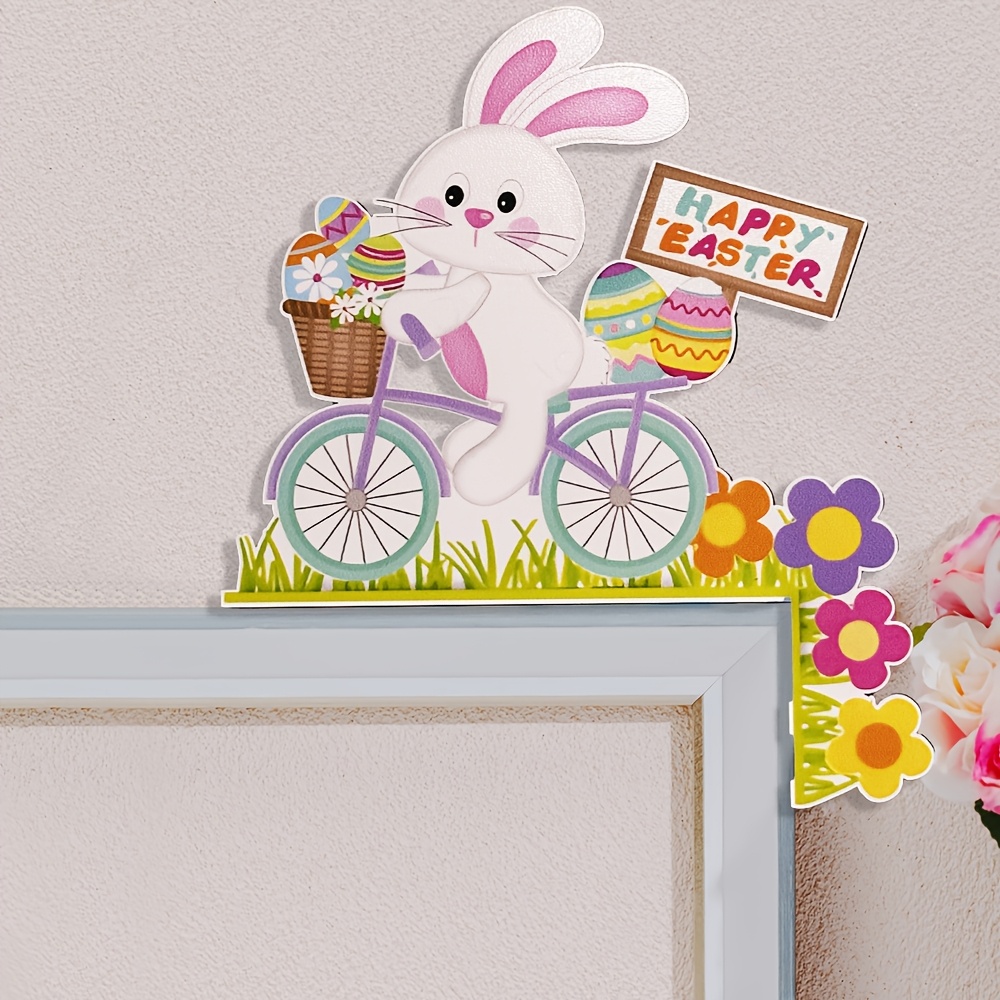 

1pc Easter Bunny On Bicycle Wooden Corner Decor - Door Frame & Wall Accent With "" Sign, Flowers & Eggs - Home, Office & Party Decoration