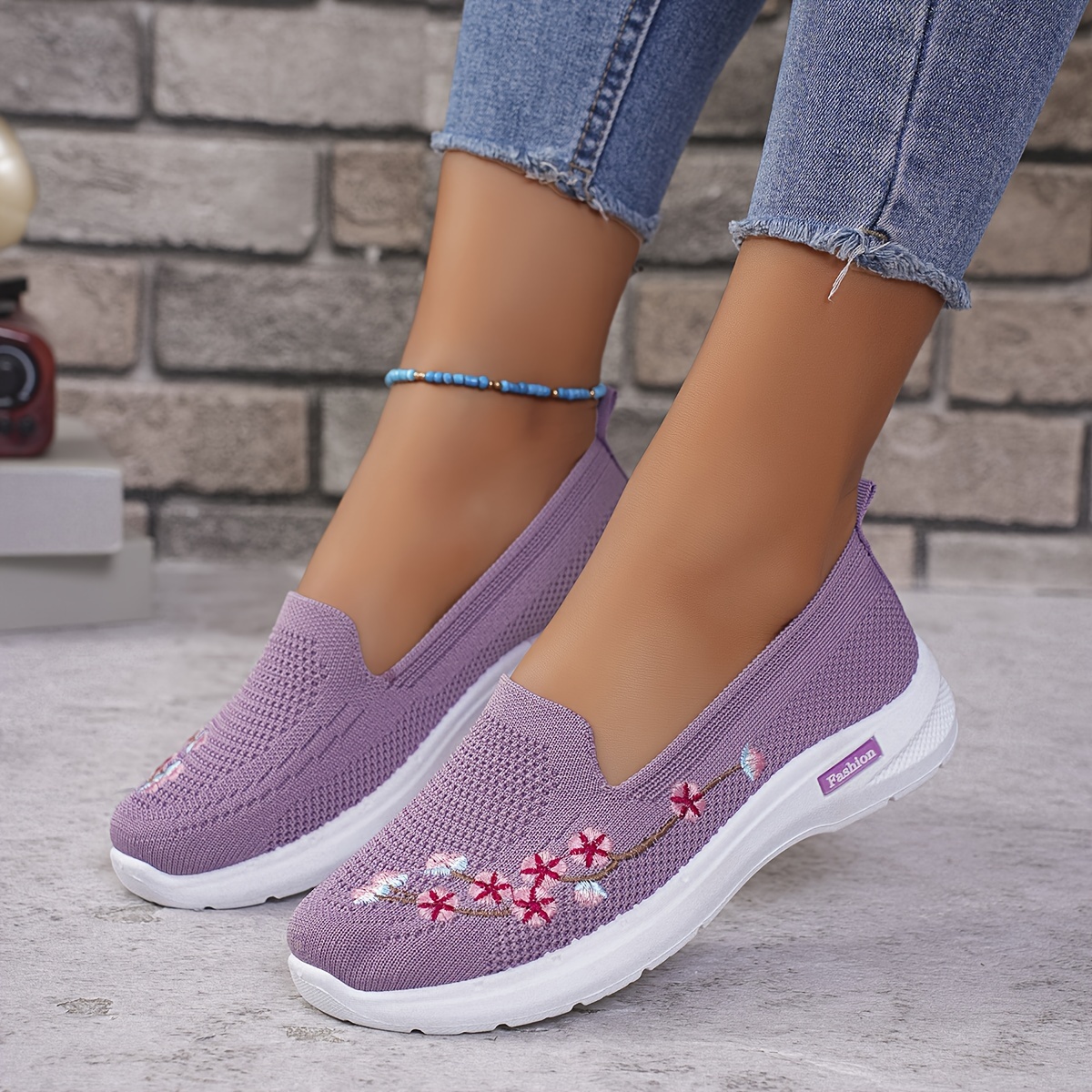 ladies casual outdoor running and walking shoes with embroidered double layered soles easy to put on and   made of knitted fabric details 9