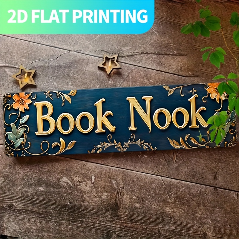 TEMU 2d Flat, 1pc, Retro "book Nook" Metal Sign, Aluminum Decorative Wall Sign, 15.7x3.9 Inches, Pre-drilled, Easy To Hang - Home Decoration,