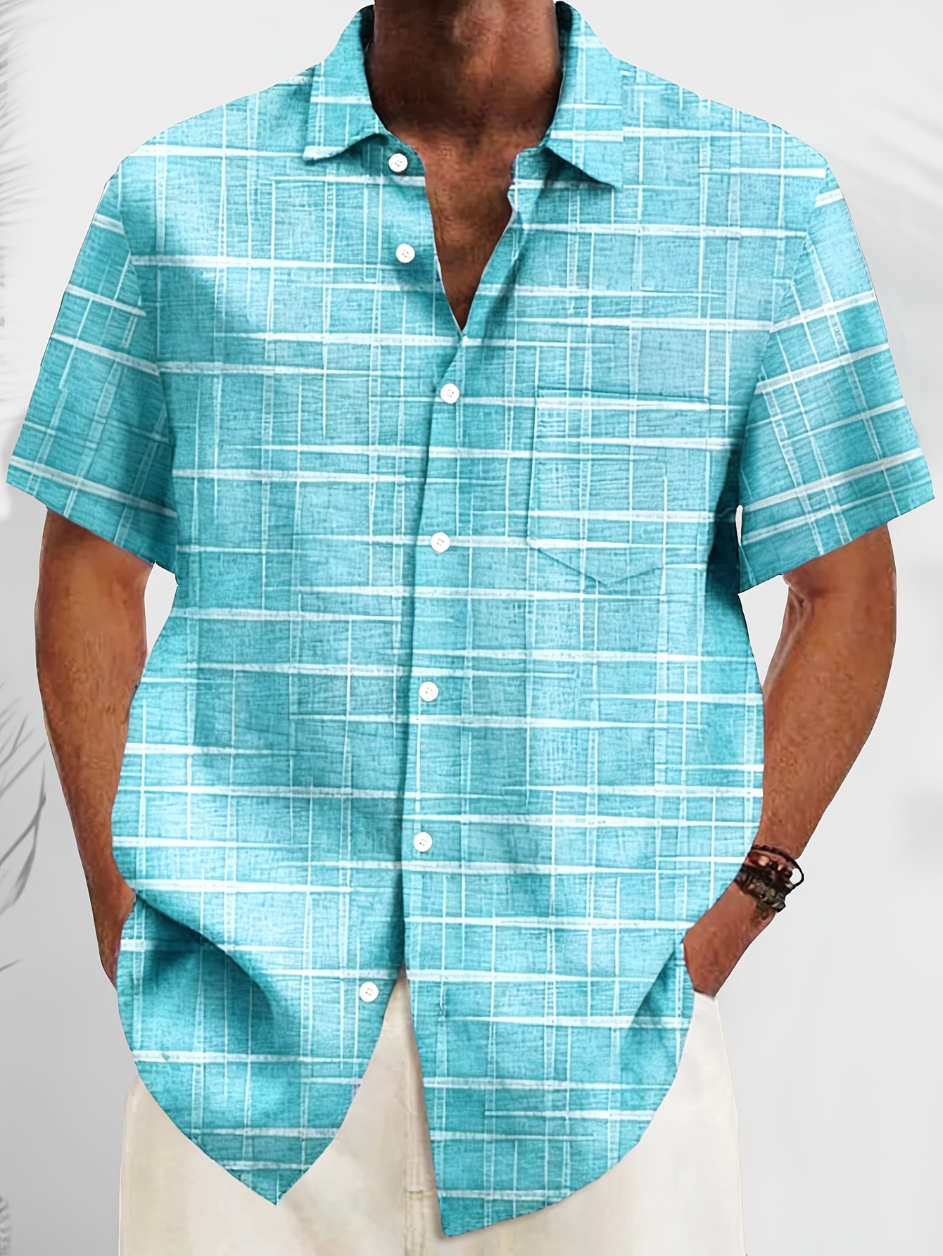 retro geometric texture print mens button pocket short sleeve shirt