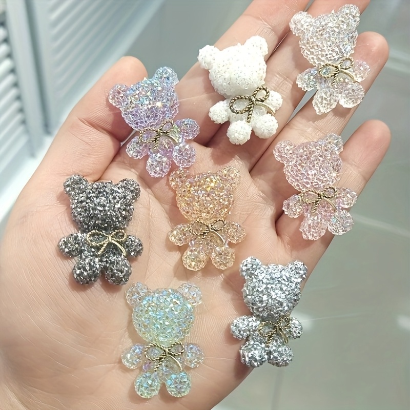 

[7pcs Sparkling Bear Charms] 7pcs Sparkling Bear Charms, Polyresin, With Glitter And Bow, For Diy Shoes, Phone Cases, And Hair Clips Accessories