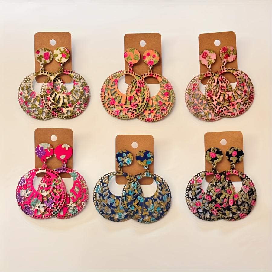 Image of Exquisite Set Of 6 Bohemian Fabric Printed Wooden Earrings, Round Vintage Wooden Fashion Jewelry For Women, Creatively Designed Small Floral Retro Earrings, A Perfect Gift For Her
