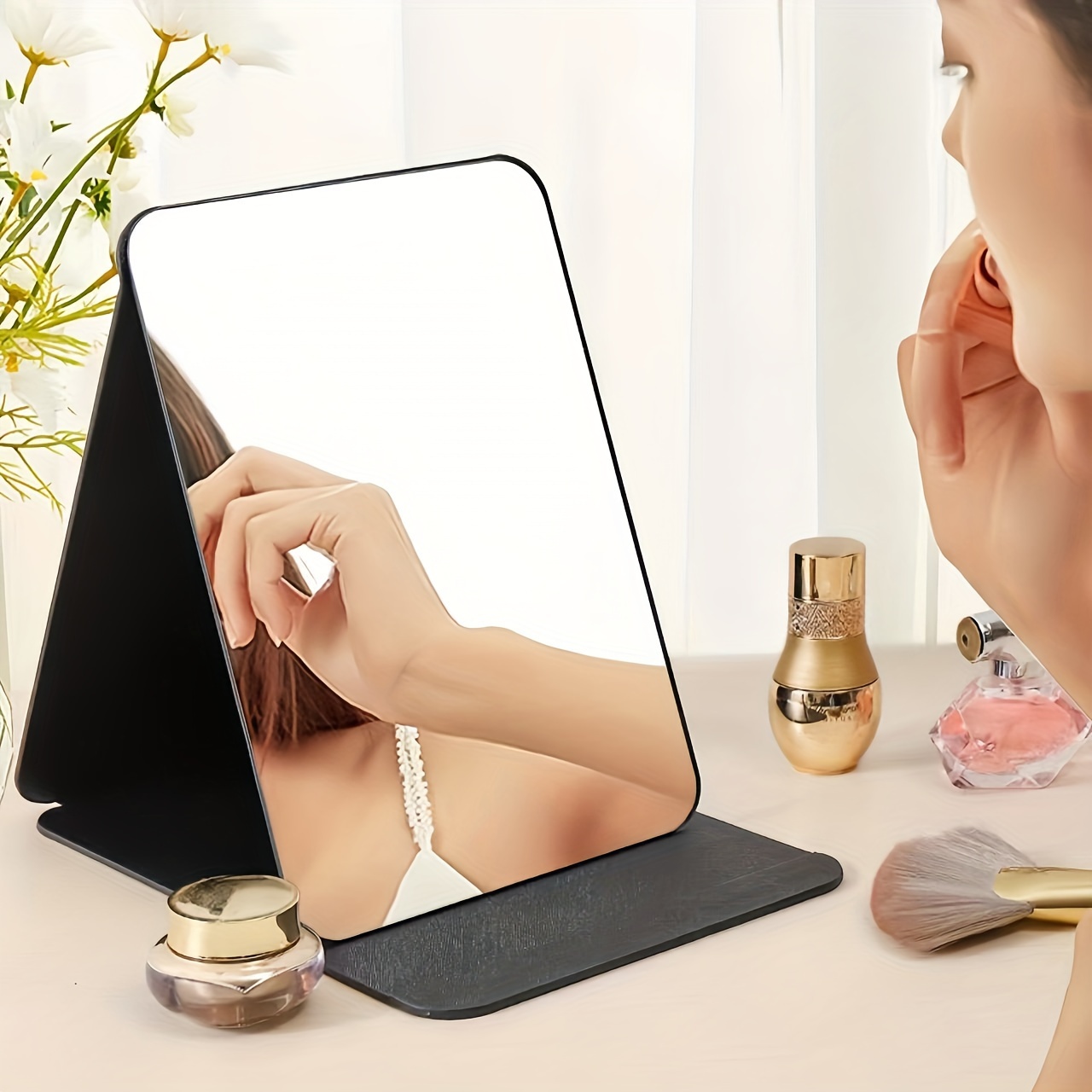 

1pc Portable Adjustable Desktop Makeup Mirror With Frame - Sleek Black Stand For Bathroom, Office, Or Dorm Decor, Polished Glass Surface, Ideal For Home And Travel Use, Makeup Vanity Desk