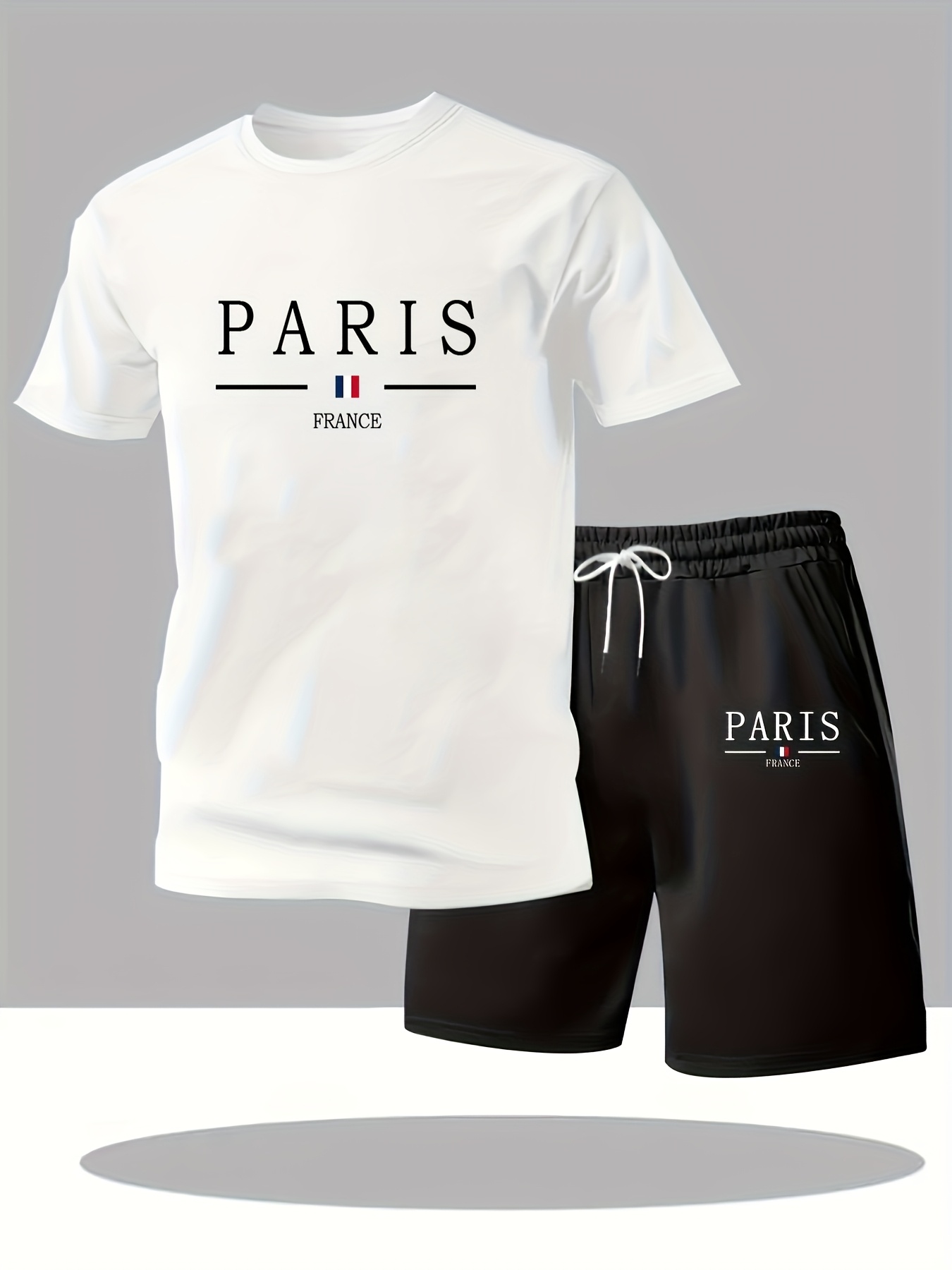 Paris Gradient Letter Print Men's Two-Piece Set: Crew Neck Short Sleeve T-Shirt and Drawstring Shorts Summer Casual Sportswear