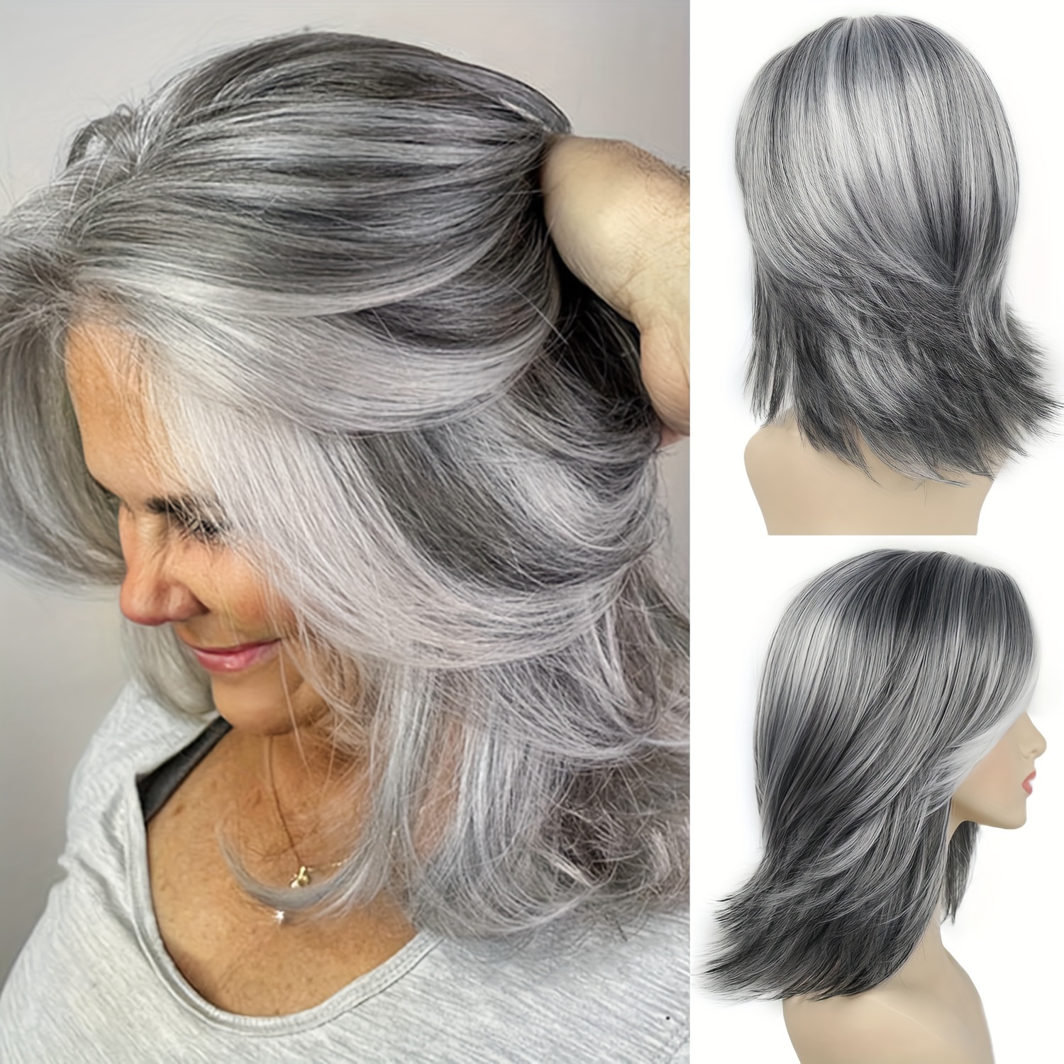 

Elegant Silver Gray Ombre Wig For Women With Curtain Bangs - High Temperature Fiber, Rose Net Cap, 150% Density, Straight Hair, Layered Short Bob Synthetic Wig With Highlighted Grey Wavy Curls