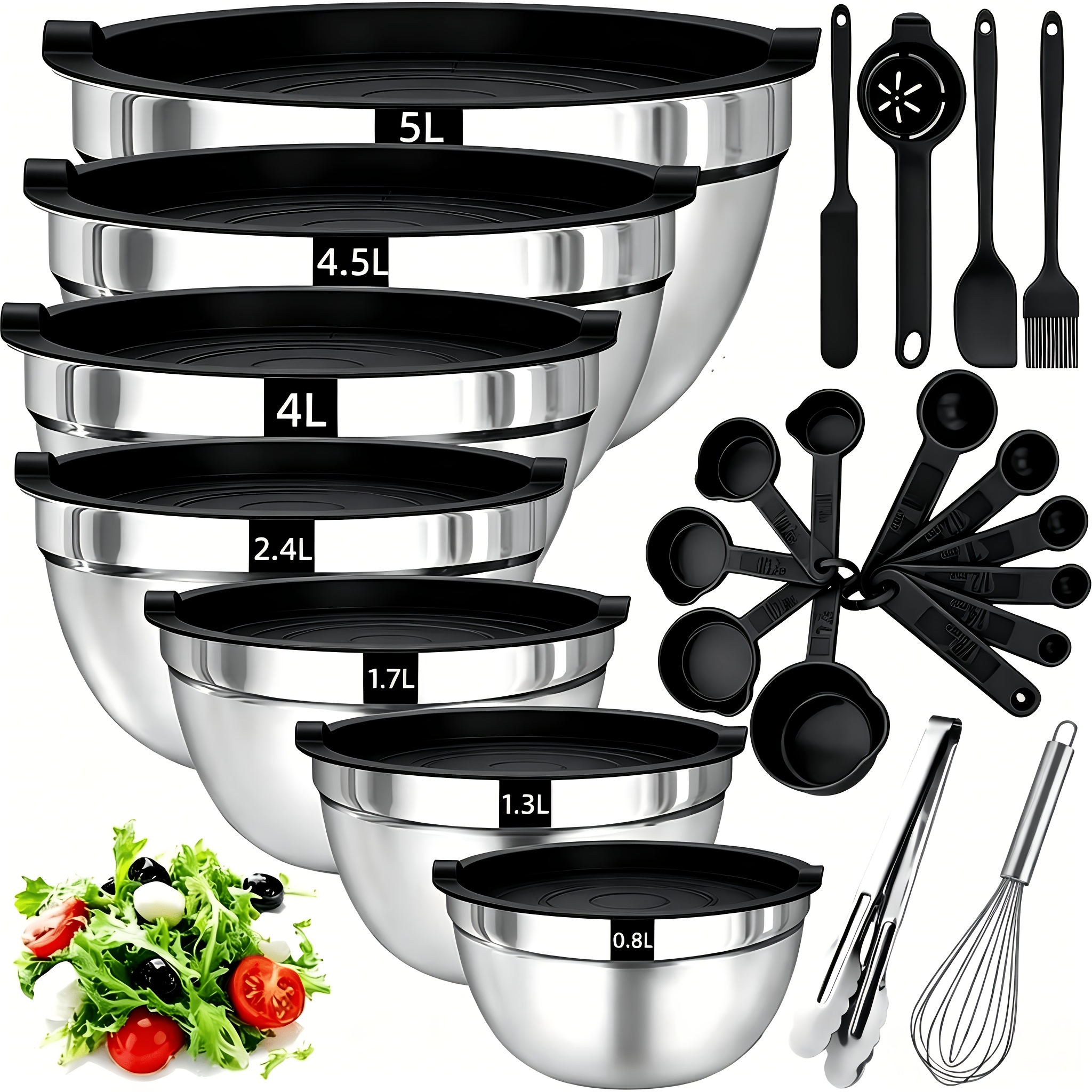 TEMU 7/14/21pcs Stainless Steel Salad Bowl Set With Sealed Lid For Rust Prevention Suitable For Baking Cooking And Serving Storage Bowls Fruit Bowls