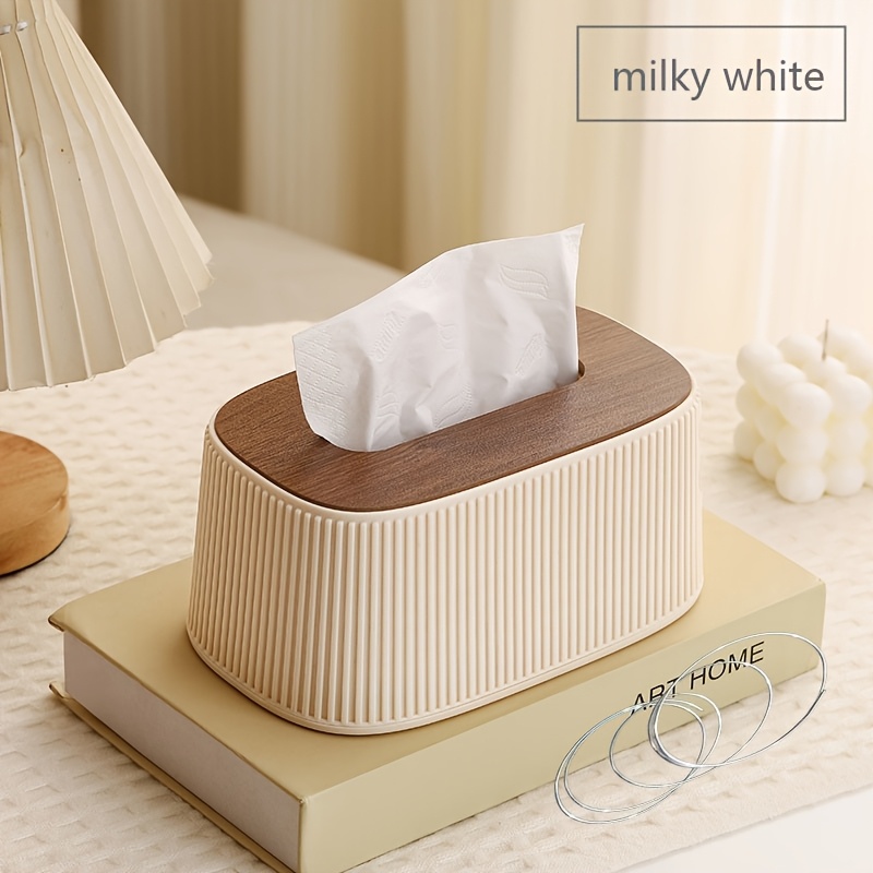 TEMU 1 Nordic Minimalist Style Tissue Box, Featuring A Trendy Ins Cream-colored Design With Vertical Stripe Decoration. This Wooden-lid Tissue Box