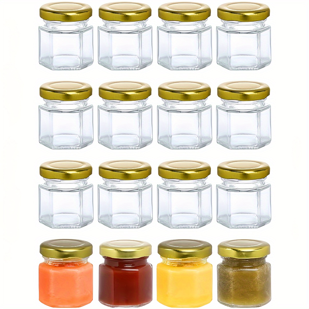 

16-pack Mini Hexagon Glass Jars 45ml With Golden Screw , Multipurpose, Dishwasher Safe, Reusable, Leakproof Canisters For Honey, , Spices, Wedding Favors, Diy Crafts