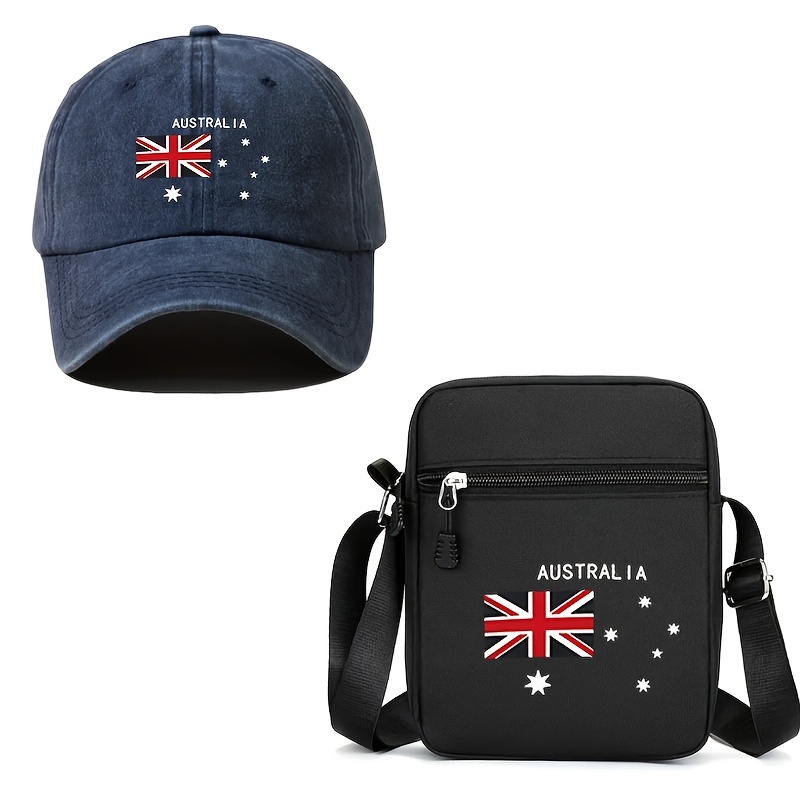 TEMU 2pcs Set: Washed Distressed Baseball + Black Crossbody Small Bag. Features "australia" Text And Australia's Southern Cross . Australian Travel
