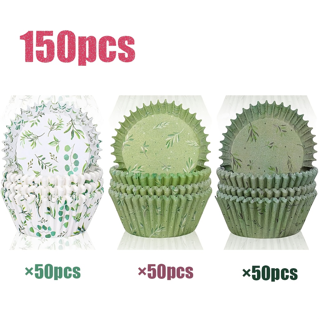 Image of 150pcs Green Botanical Series Cupcake Liners, Featuring Eucalyptus And Print Design. Sage Green Baking Cups Tone, Made From Food--resistant And High-temperature-resistant Paper. Are